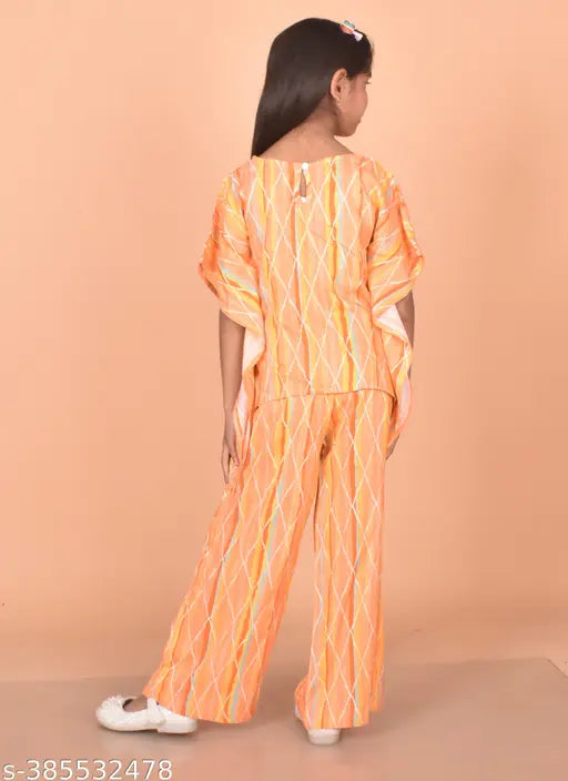 kidaroo Girls cotton printed coord set, straight top with palazzo bottoms, calf length, short sleeves, 3-4 years size - Indian made