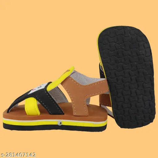 Brown Eva Chu Chu Sound Sandal Booties for Boys and Girls (12-18 months), featuring yellow and black printed net pattern on soft, lightweight EVA sole with anti-slip design