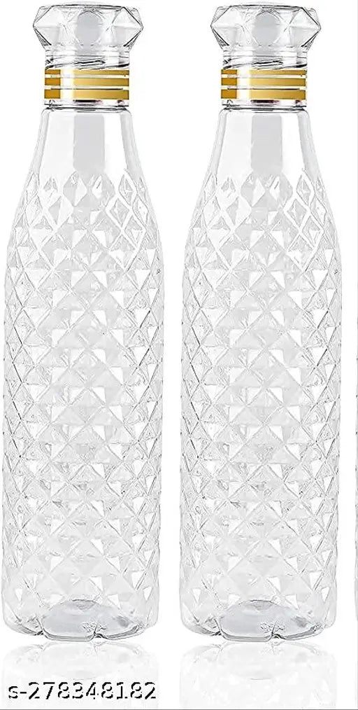 Transparent 1-liter diamond water bottles, perfect for fridge, home office, sports, and travel. Multi-pack of 2 PCs with 10cm breadth, height, and length. Made of plastic, ideal for school and kitchen use in India