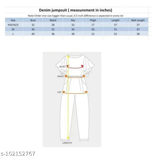 Denim jumpsuit with belt by High-Buy, sleeveless self-design denim jumpsuit for women, size chart attached (S: 32/53/30/32, M: 34/53/32/34, L: 36/53/34/36)