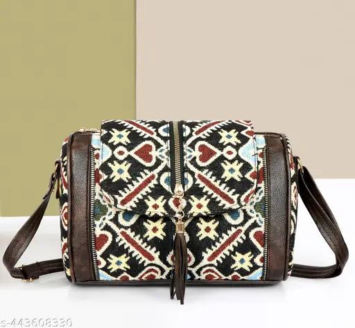 Multicolor ikkat jute sling bag for women, spacious interior, secure zip closure