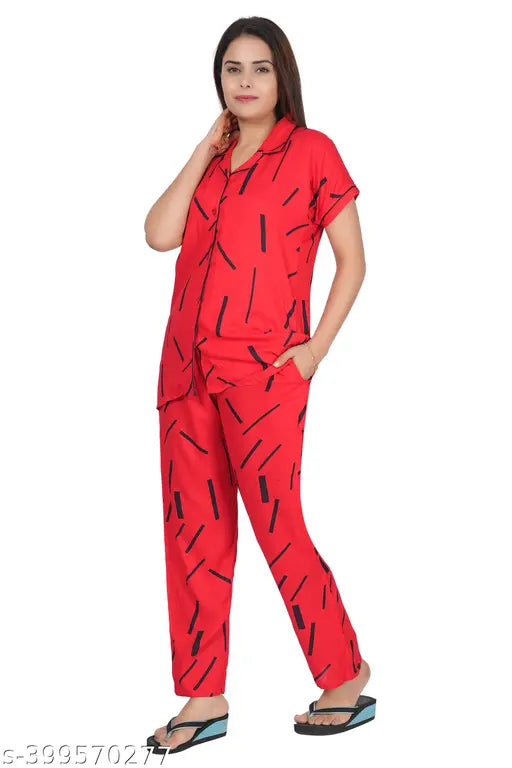 Muskaan Women's Rayon Night suit Shirt & Pyjama Set with Pocket, printed net design, made for comfort and style, casual size, long-lasting rayon fabric