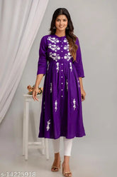 Violet Chikankari Rayon Anarkali Kurti, three-quarter sleeves, perfect for festive and party wear, India origin