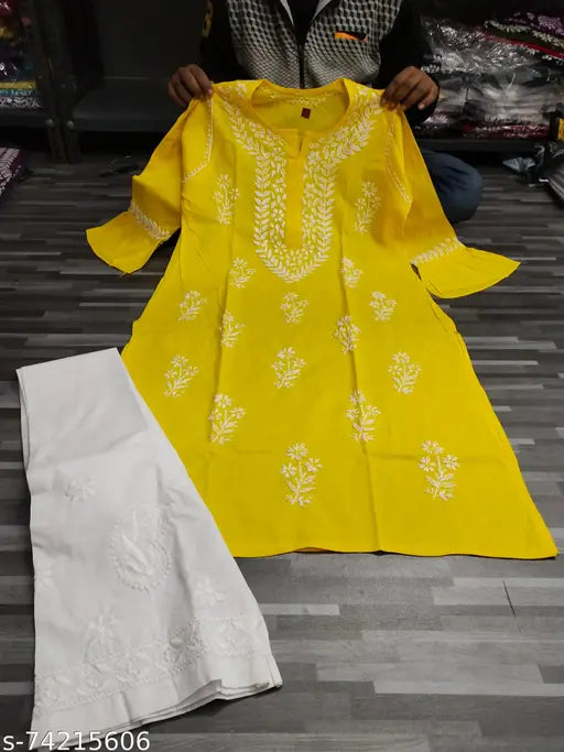 Cotton Alisha Drishya women's kurta set with palazzos, embroidered net and bell sleeves, Lucknowi style from India" (106 characters)