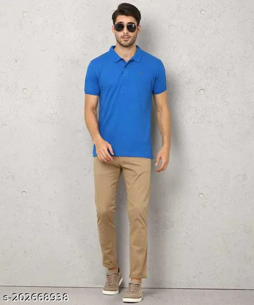Sky Blue cotton blend men's polo t-shirt, half sleeve, solid pattern, suitable for casual wear