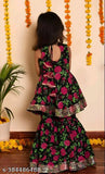 Black and pink printed cotton kurti sharara set with dupatta for kids, featuring anarkali top and flared sharara bottoms. Suitable for festive occasions and casual outings, ideal for ages 2-10 years old. Made in India