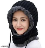 Warm black textured wool beanie cap with air-proof fleece, fur lining, and matching scarf - winter accessory for men and women