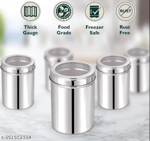 Stainless steel kitchen storage set, pack of 6 (1000ml silver), airtight, see-through lids, eco-friendly stainless steel dabba for dry fruits