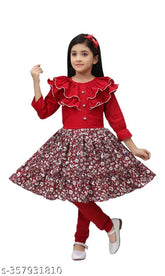 Girls' crepe three-quarter sleeve printed kurta set with matching leggings, Indian girls dress for 6-7 years, 7-8 years, 8-9 years, or 9-10 years