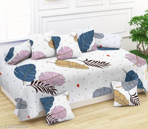 Cotton botanical-print fitted bedsheet and diwan combo with 3 pillow covers from M/S KETAN TEXTILE, ideal for summer adults. Dimensions: Bedsheet - 72x78 inches, Pillow Covers - 18x28 inches, Diwan Set - 60x90 inches. Care Instructions: Hand wash with cold water, dry in shade. Origin: India