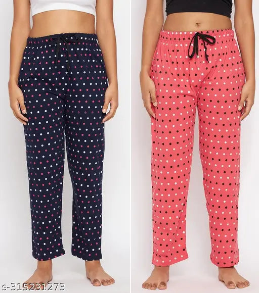 Navy Blue and Coral Printed Maxi Cotton Pyjama Combo for Women and Girls - Relaxed Fit Nightwear