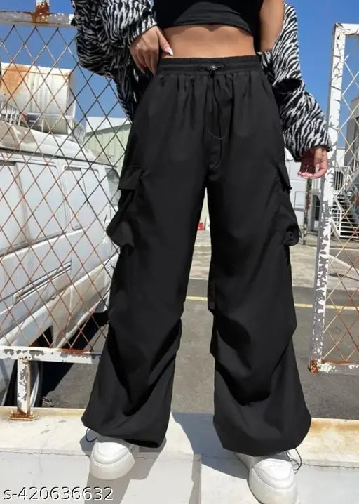 Solid net polyester trendy parasuit trouser, fashionable apparel for women, India-made