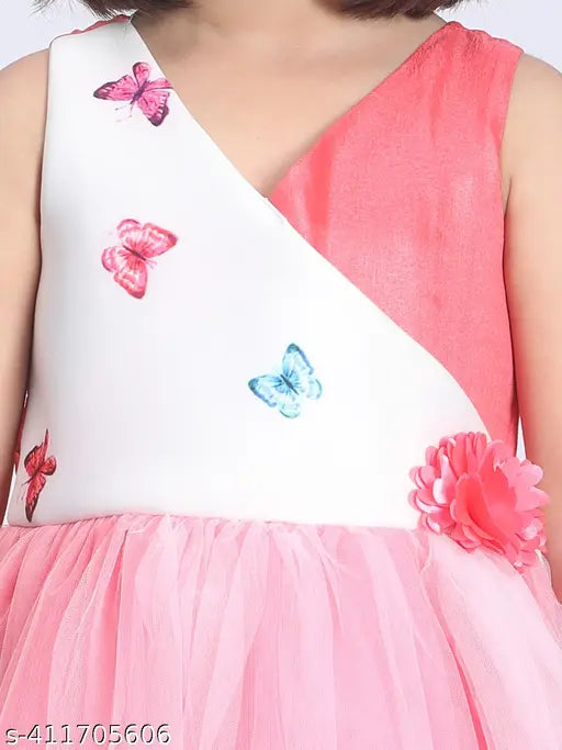 Pastel pink net gown for kids party wear, toy balloon print design, size 1-12 years