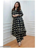 Black rayon cotton kurta set with printed net pattern, three-quarter sleeves, includes bottomwear. Timeless black hue, elegant design, flattering fit for modern wardrobe