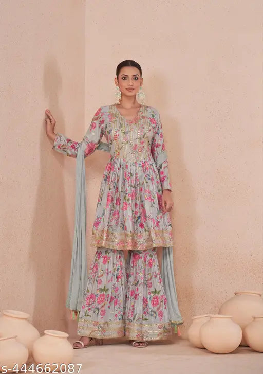 Grey chiffon Miss Ethnik Kurta and Sharara set with Santoon inner and Chinon dupatta, embellished with prints and embroidery