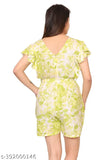 Light green cotton slub jumpsuit with V-neck, short sleeves, side pockets, and elastic waist with belt - perfect for casual, summer, or elegant styles