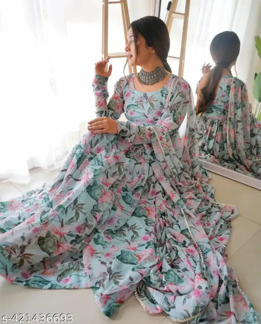 Modern blue georgette printed Anarkali Kurta, stylish design, comfortable fit for daily wear, office-friendly, India origin