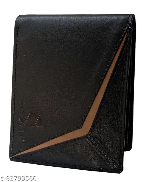 Black leather men's bifold wallet with tan accents, premium quality leather money purse for boys, 2 compartments, 7 card slots, perfect gifting solution