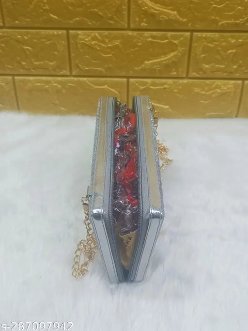 Synthetic embellished net clutch, free size (L: 10in, W: 3in), stylish women's purse from India