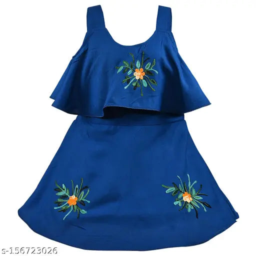 Green rayon embroidered party dress for kids, vibrant floral design