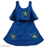 Green rayon embroidered party dress for kids, vibrant floral design