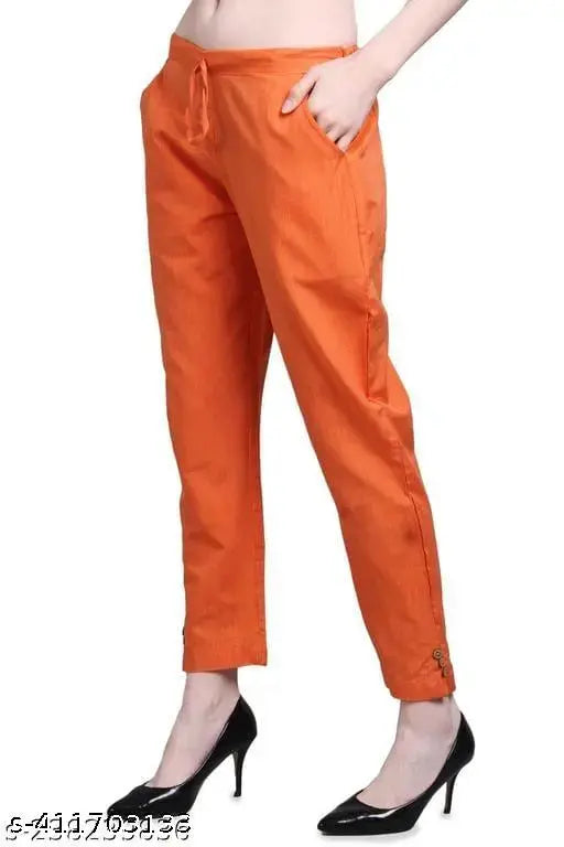 Orange cotton solid-front trousers, vibrant and comfortable for casual wear
