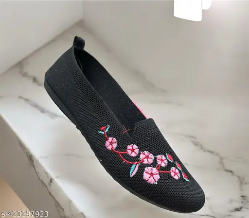 Black canvas ballerina flats with ankle loops for women, made in India