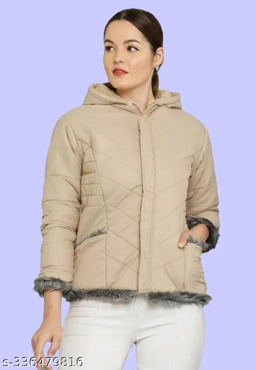 Nylon quilted bomber jacket with fur-lined hood, solid color for women's winterwear, made in India