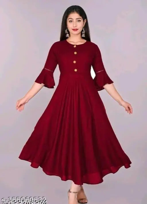 Rayon flared kurti for women, single-colored ethnic style with three-quarter sleeves, Indian origin