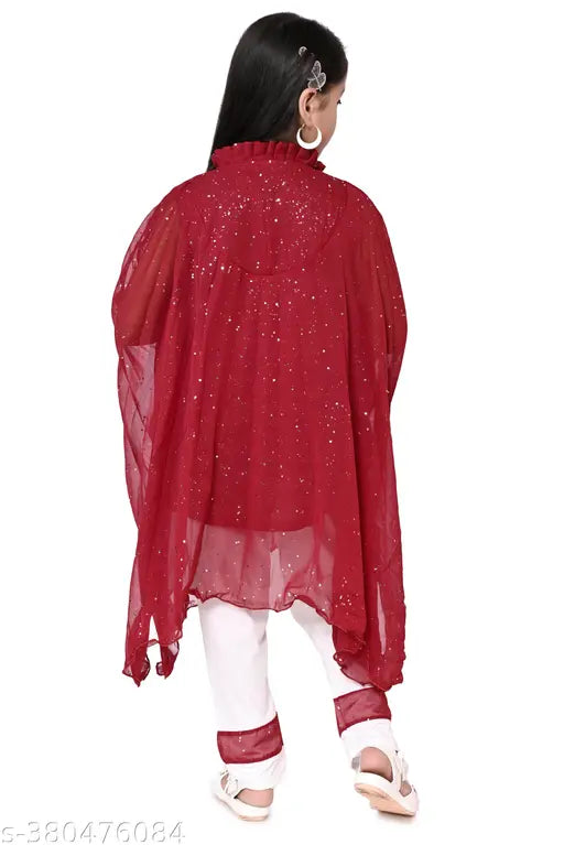 Red ethnic kids clothing set, cotton blend anarkali with long sleeves, embellished pattern, sizes: 2-3 Years, 5-6 Years. (No Dupatta)