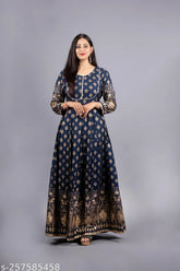 Blue rayon anarkali long kurta with gold print, 3/4th sleeves and round neck for casual or evening wear
