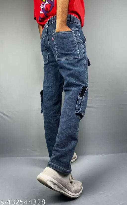 Light Blue baggy cargo Jeans for men - solid denim, durable 6-pocket design, offering versatile fit and practical storage