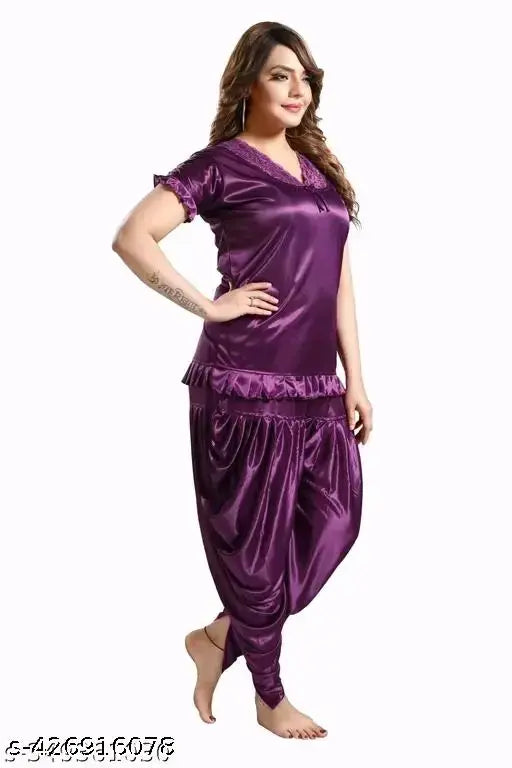 Satin two-piece stylish nighty, comfortable Patiala pants set in solid net, Indian origin