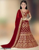 Red satin lehenga-choli set with net dupatta, intricately embroidered, for girls aged 3-16 years