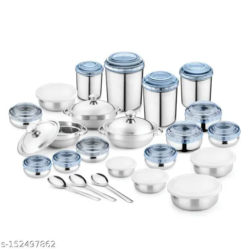 Stainless steel 23pc heavy gauge kitchen set with blue PC lids, ideal for everyday use and gifting, featuring airtight, stackable, and see-through containers