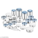 Stainless steel 23pc heavy gauge kitchen set with blue PC lids, ideal for everyday use and gifting, featuring airtight, stackable, and see-through containers