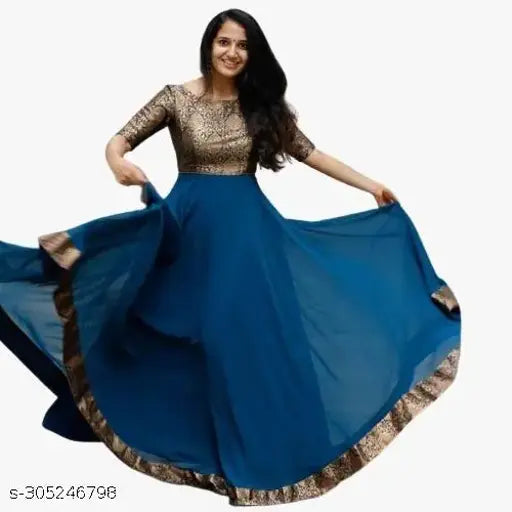 Georgette Reeva kurti, solid-colored Indian flared gown with Banarasi brocade belt, full stitched" (108 characters)