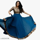 Georgette Reeva kurti, solid net, short sleeves, Indian flared gown with Banarasi brocade border