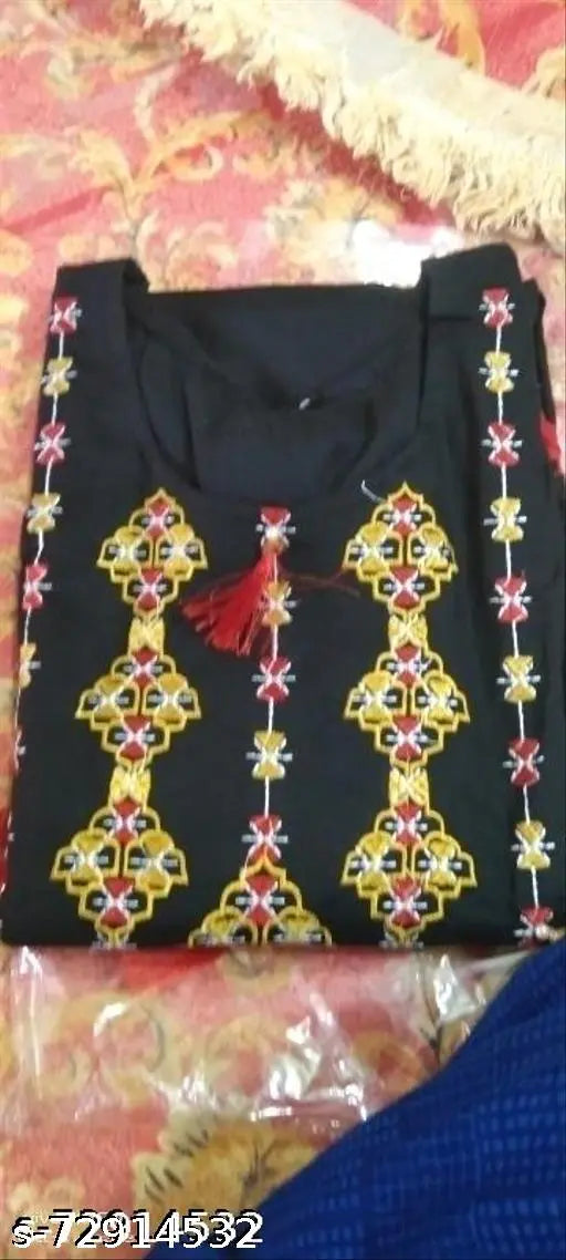 Black embroidered floral rayon A-line kurta for women, three-quarter sleeves, India origin