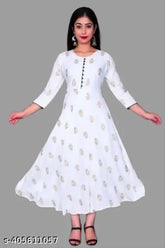 Rayon printed Anarkali Kurti, three-quarter sleeves, vibrant Indian fashion on mannequin