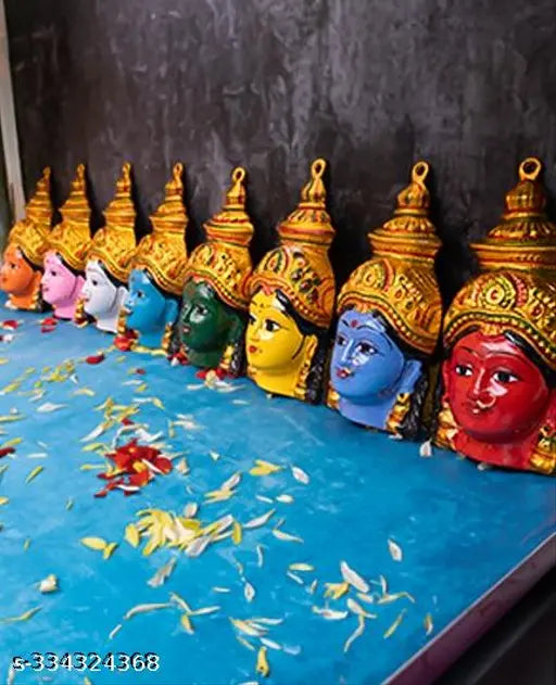 Aluminum Nava Durga Faces Set, 9 pcs - High-grade aluminium God idols representing Durga's incarnations for worship space enhancement