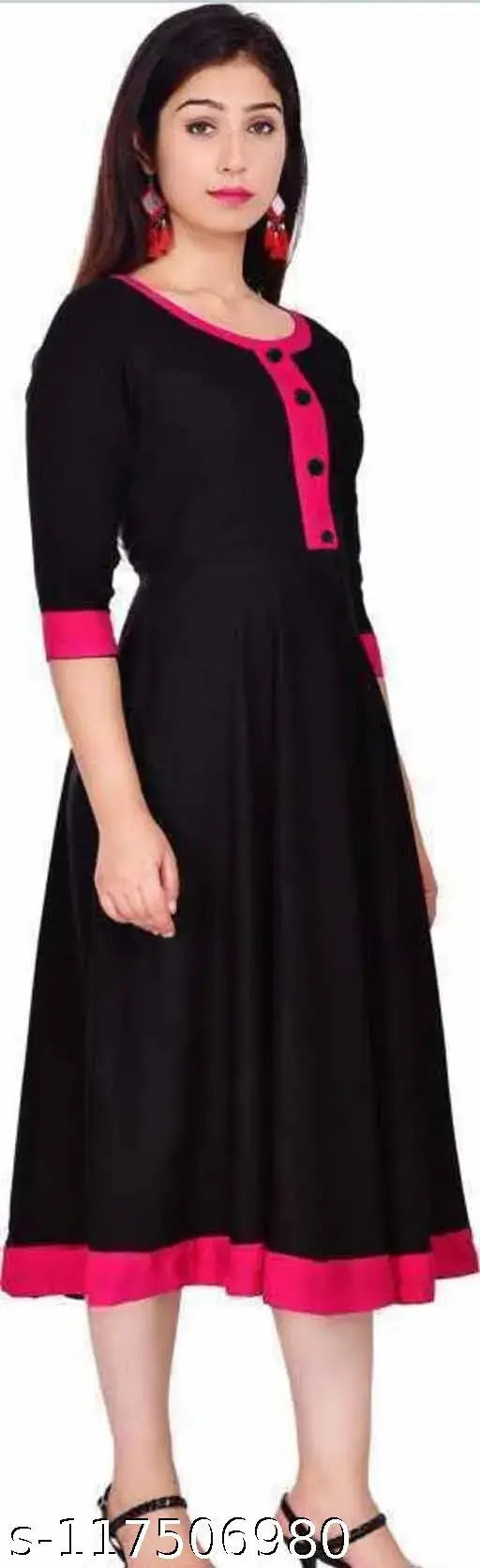 Rayon Anarkali kurti frock, single-colored three-quarter sleeve dress for women, Indian fashion on mannequin