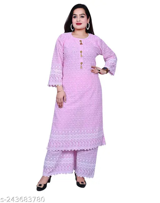 Women's embroidered Chikankari Style cotton blend kurta and Palazzo set, three-quarter sleeves, India origin