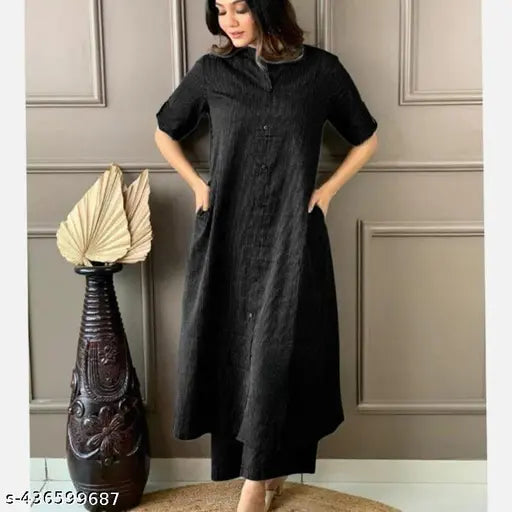 Black cotton kurta palazzo set, women's striped knee-length with short sleeves, Indian origin