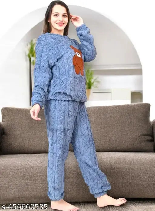 Cozy blue fleece women's pajama set with bear design, woolen, winter night suit