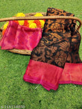 Golden-hued copper brasso chiffon saree with zari woven pattern and printed net blouse, Indian ethnic wear