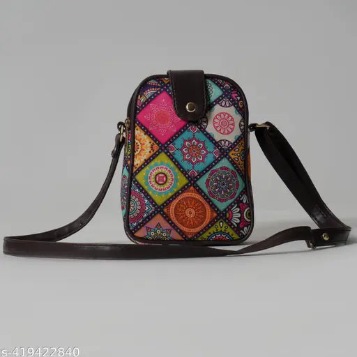 Stylish printed floral cotton sling bag for women, adjustable mobile pouch with 2 compartments
