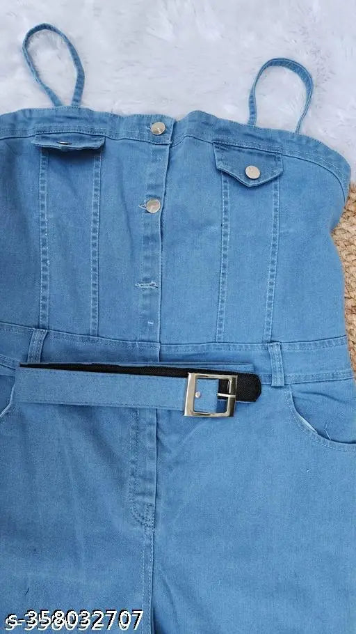 Light blue denim jumpsuit with belt - Solid, sleeveless, Trix brand, XXS to L sizes available