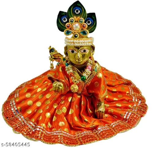 Medium golden brass Krishna idol with dress combo, intricately handcrafted for Janmastami pooja