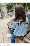 Light blue Swarovski embellished denim jacket for girls, size 3-4 years on dress form